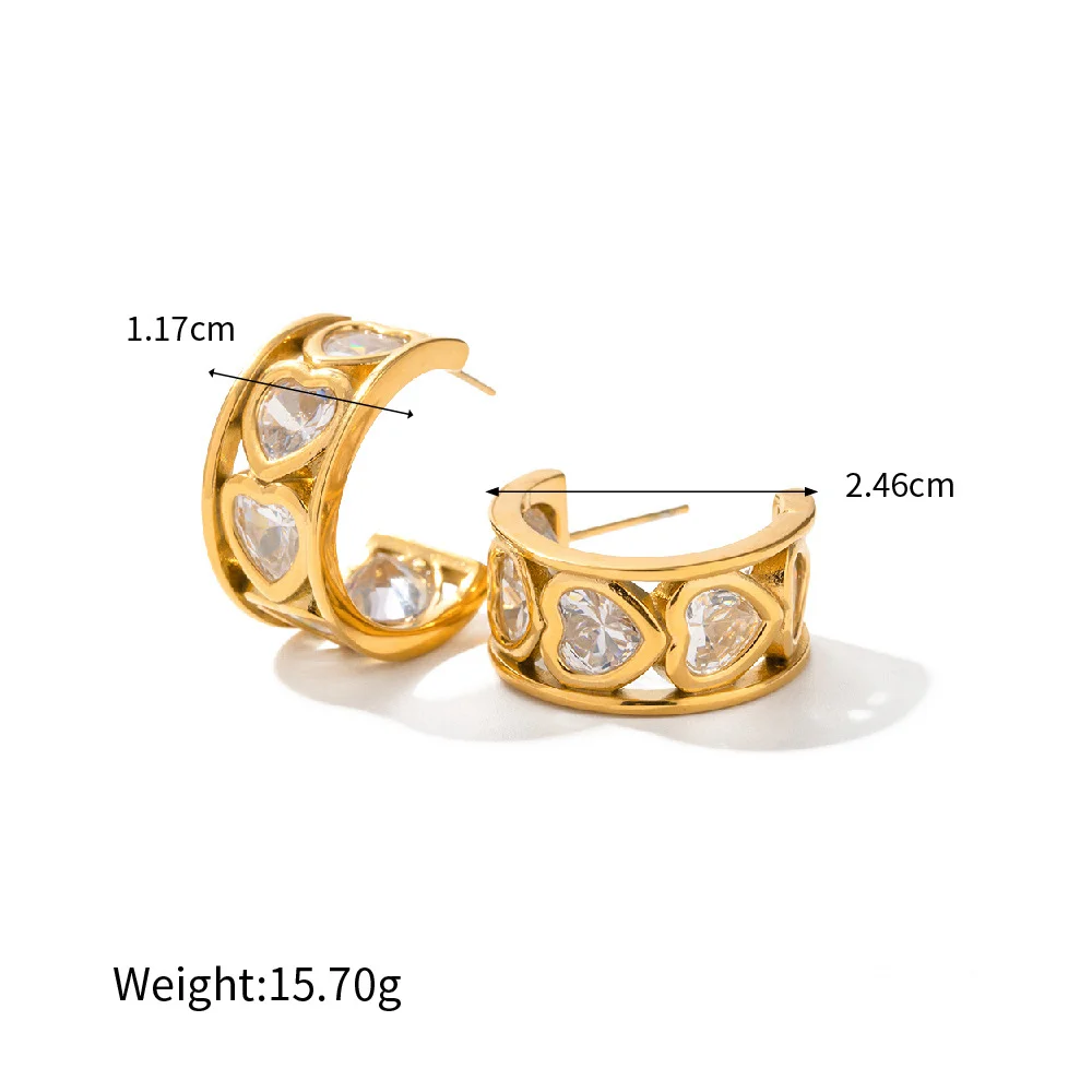 18k Gold Plated Heart Zirconia C-Shape Earrings