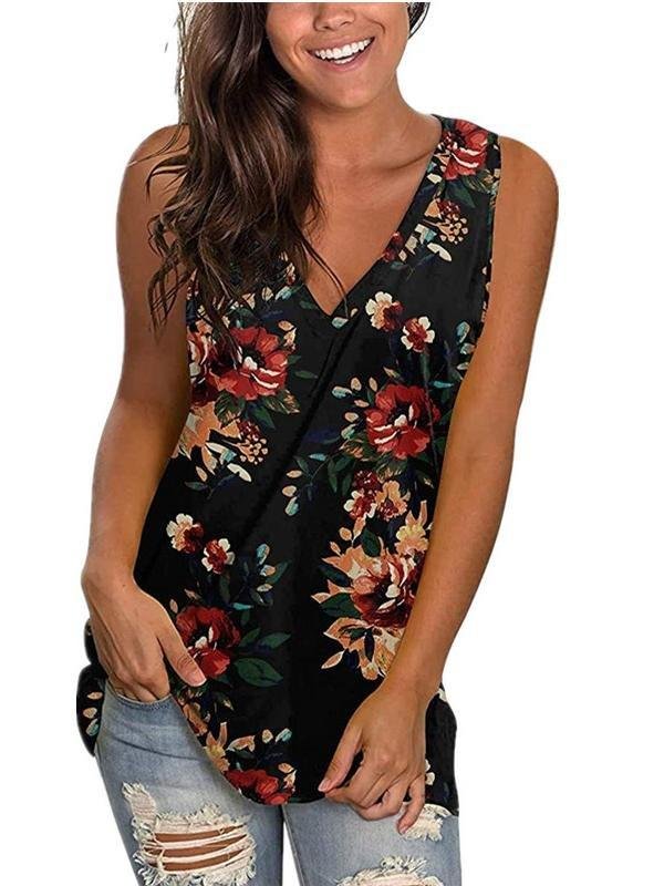 Casual V-Neck Printed Sleeveless Vest Top