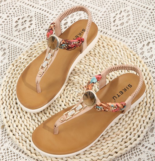 Boho Flip Flop Sandals With Metal and Rhinestone