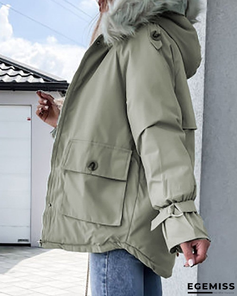 Faux Fur Patch Pocket Zipper Design Hooded Parker Coat | EGEMISS