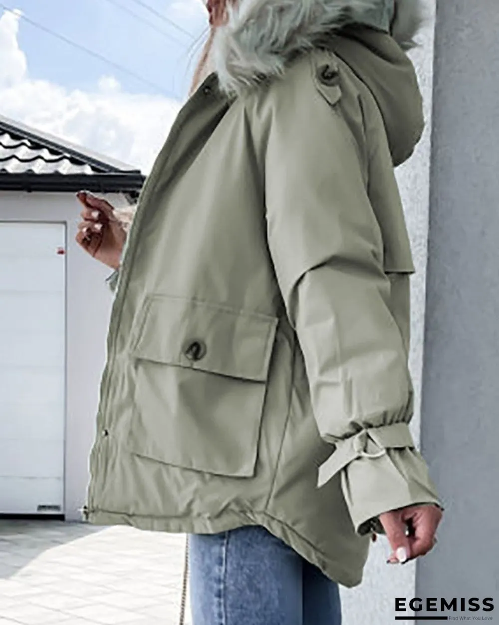 Faux Fur Patch Pocket Zipper Design Hooded Parker Coat | EGEMISS
