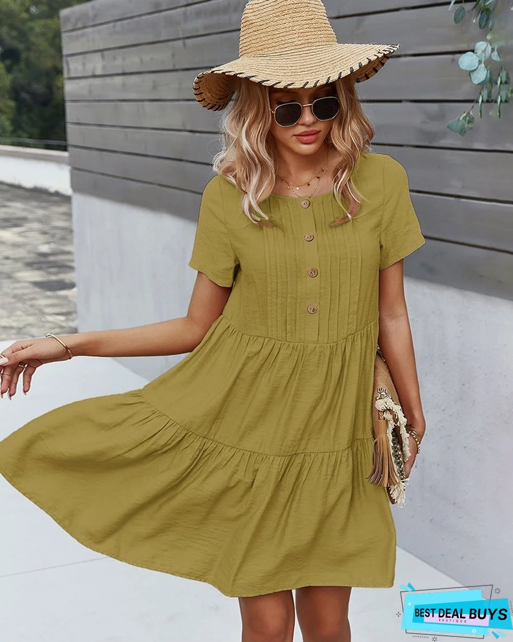 Women's Solid Color Dress Spring and Summer Short Sleeve Cotton Skirt