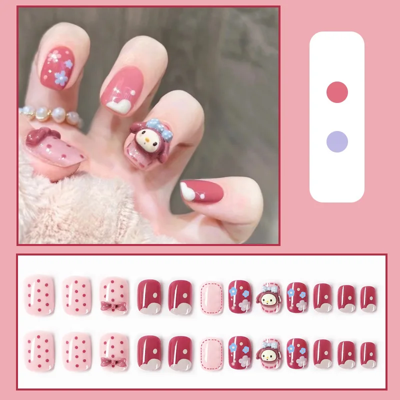 Bayuyun 24Pcs/Set Coffee Leopard French Fake Nails with Diamonds Japan Korean Artificial Acrylic Press on Nails Removable Stick on Nails
