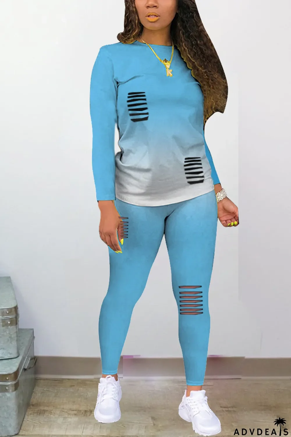 Purple Sexy Gradual Change Ripped O Neck Plus Size