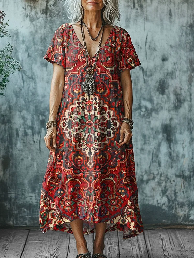 Women's  Vintage Symmetry Art Print Pocket Cotton Dress