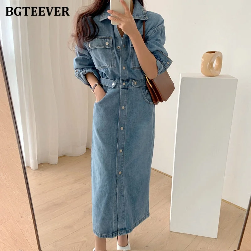BGTEEVER Vintage Women Single-breasted Denim Dress Full Sleeve Pockets Slim Waist Female Straight Jeans Dress Spring Vestidos