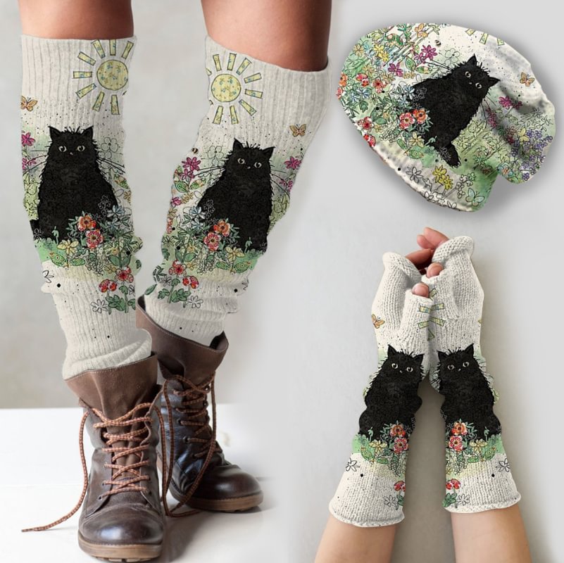 Vintage cat print knitted hat +leg warmers + fingerless gloves set