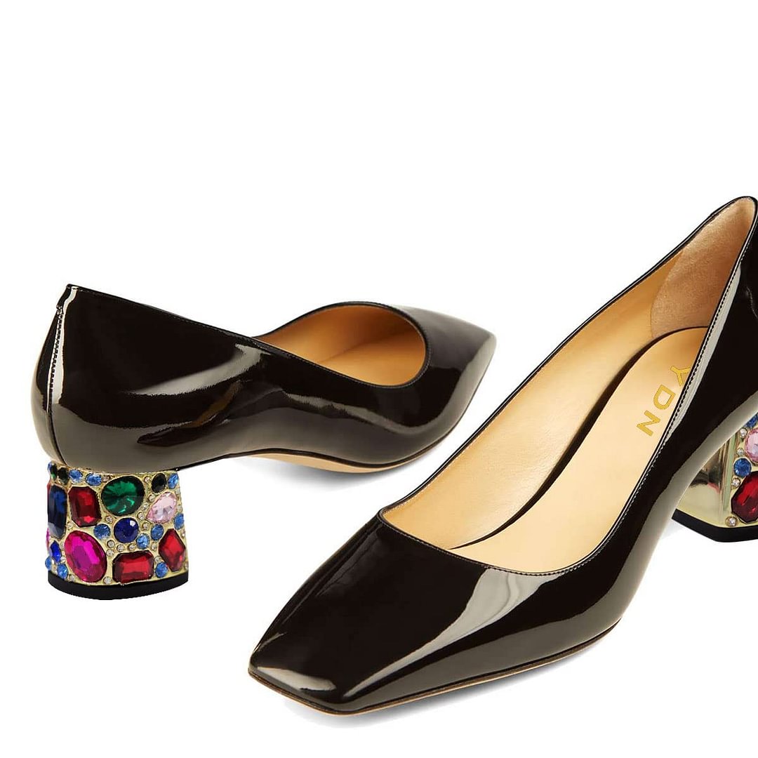 Women's Patent Leather Square Toe Rhinestone Block Heel Black Pumps