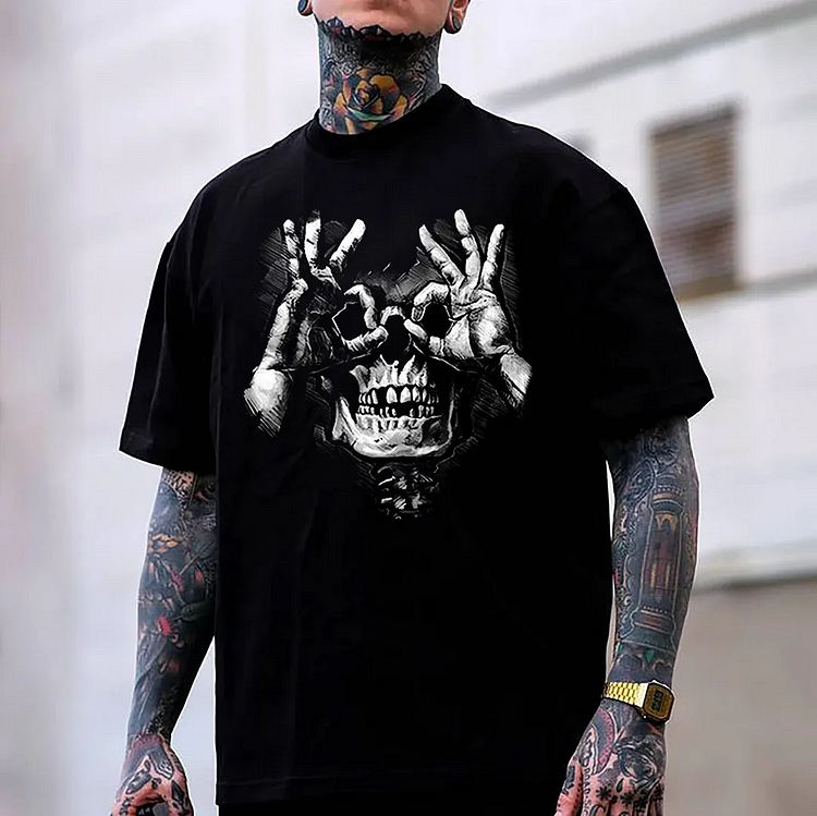 Skull with OK Pattern Graphic Casual Black Print T-shirt