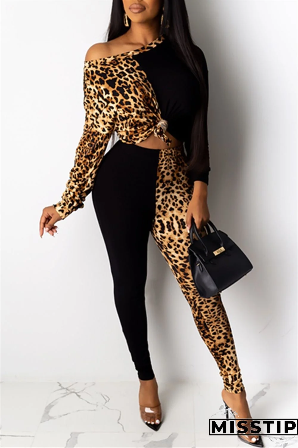 Black Fashion Sexy Leopard Stitching Oblique Shoulder Two-Piece Suit