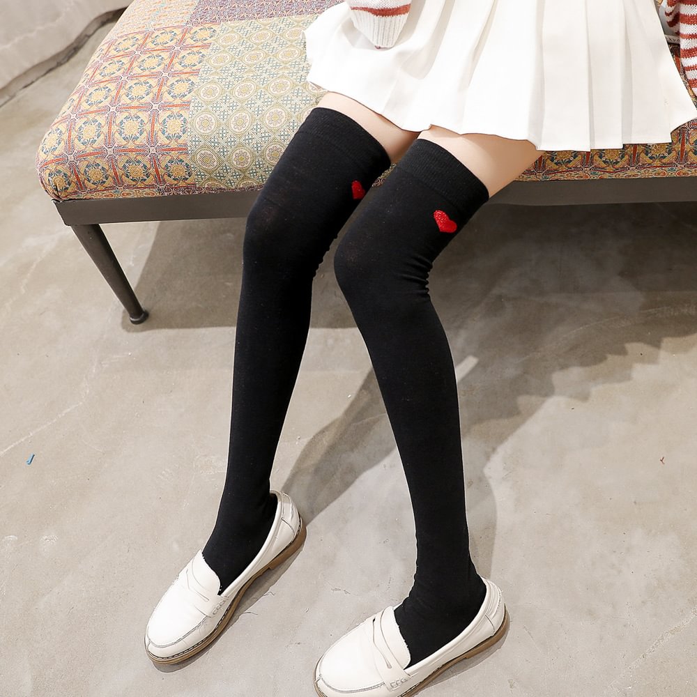Hearts Non-slip silicone Black Thigh High Socks