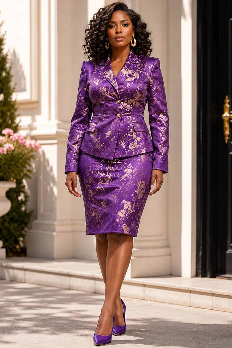 Xpluswear Design Plus Size Business Casual Purple Foil Print Lapel Collar Long Sleeve Bodycon Satin Two Piece Skirt Sets [Pre-Order] 2024 - Xpluswear