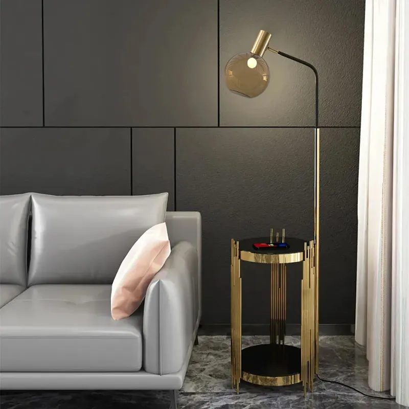 Modern Floor Lamp End Table with Glass Shade & USB Port JOSENART Josenart