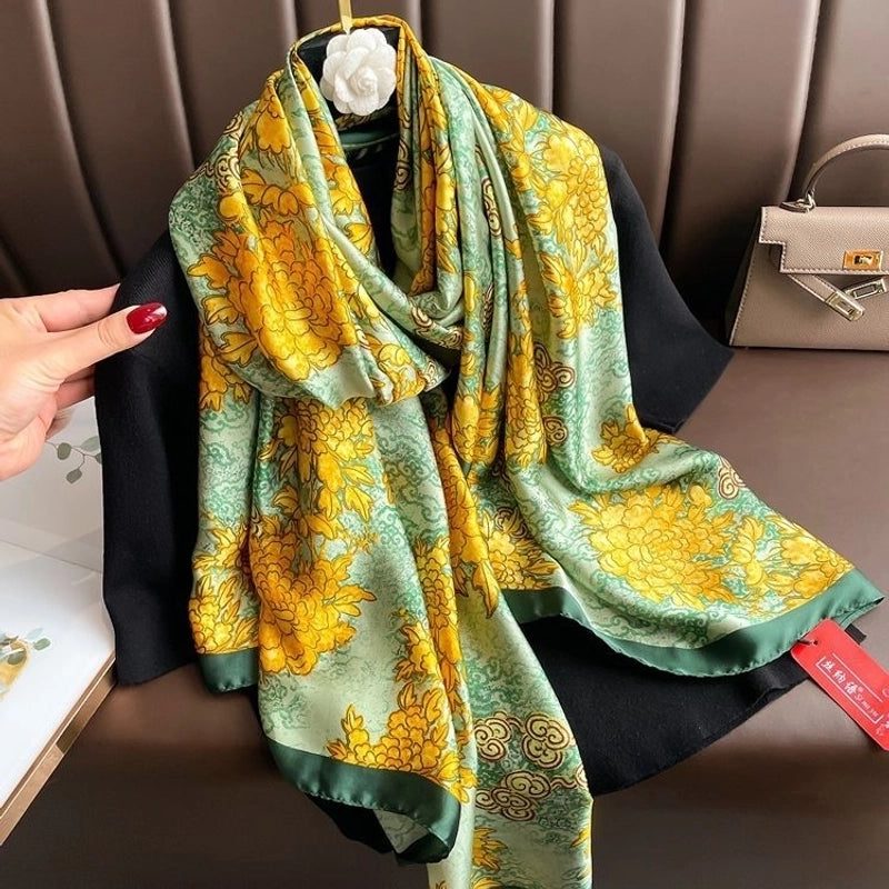 Women’s Fashion Letter Plaid Satin Printing Silk Scarves