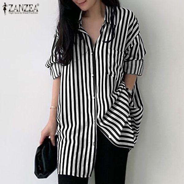 Women Full Sleeved OL Elegant Casual Long Blouse Striped Printed Shirts Tops - Life is Beautiful for You - SheChoic