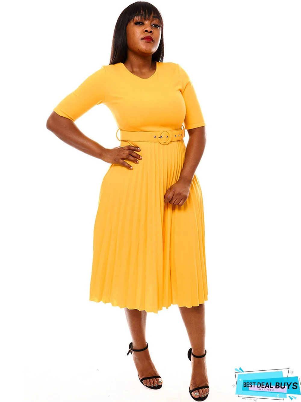 Short Sleeve Solid Color Pleated Midi Dresses with Belt