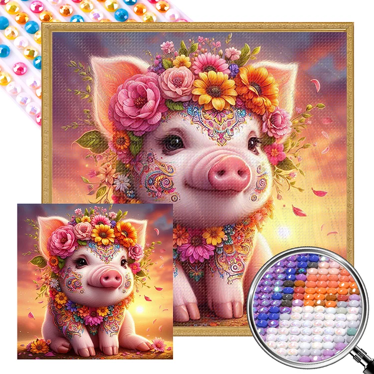 Sunset Flower Pig 30*30CM (Canvas) Full AB Round Drill Diamond Painting gbfke