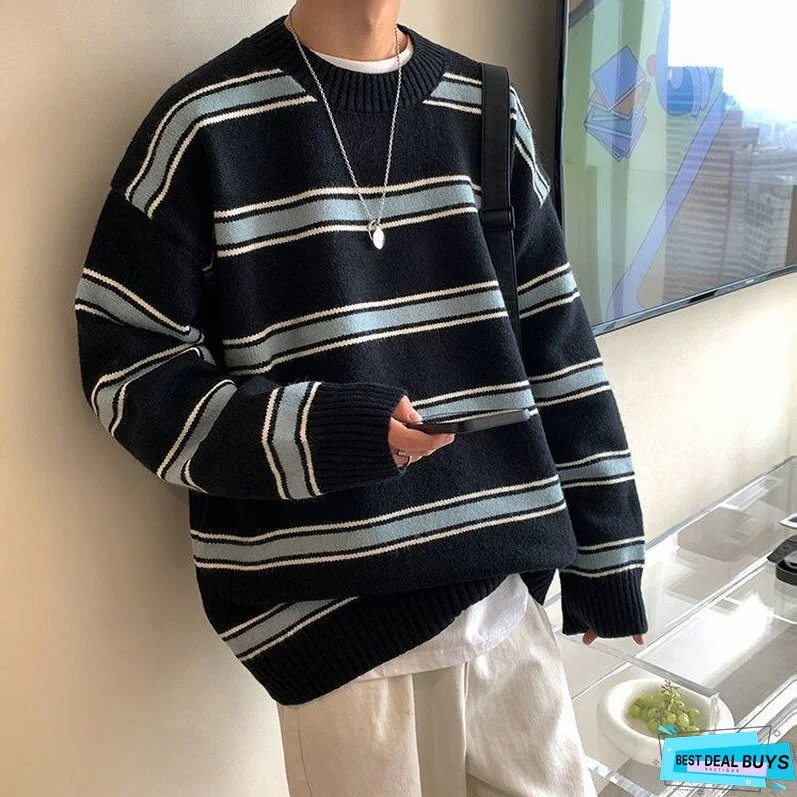 Striped Sweater Men Round Neck Winter Pullover Sweater Korean Fashion Harajuku Loose Wild Long Sleeve Sweater Oversize