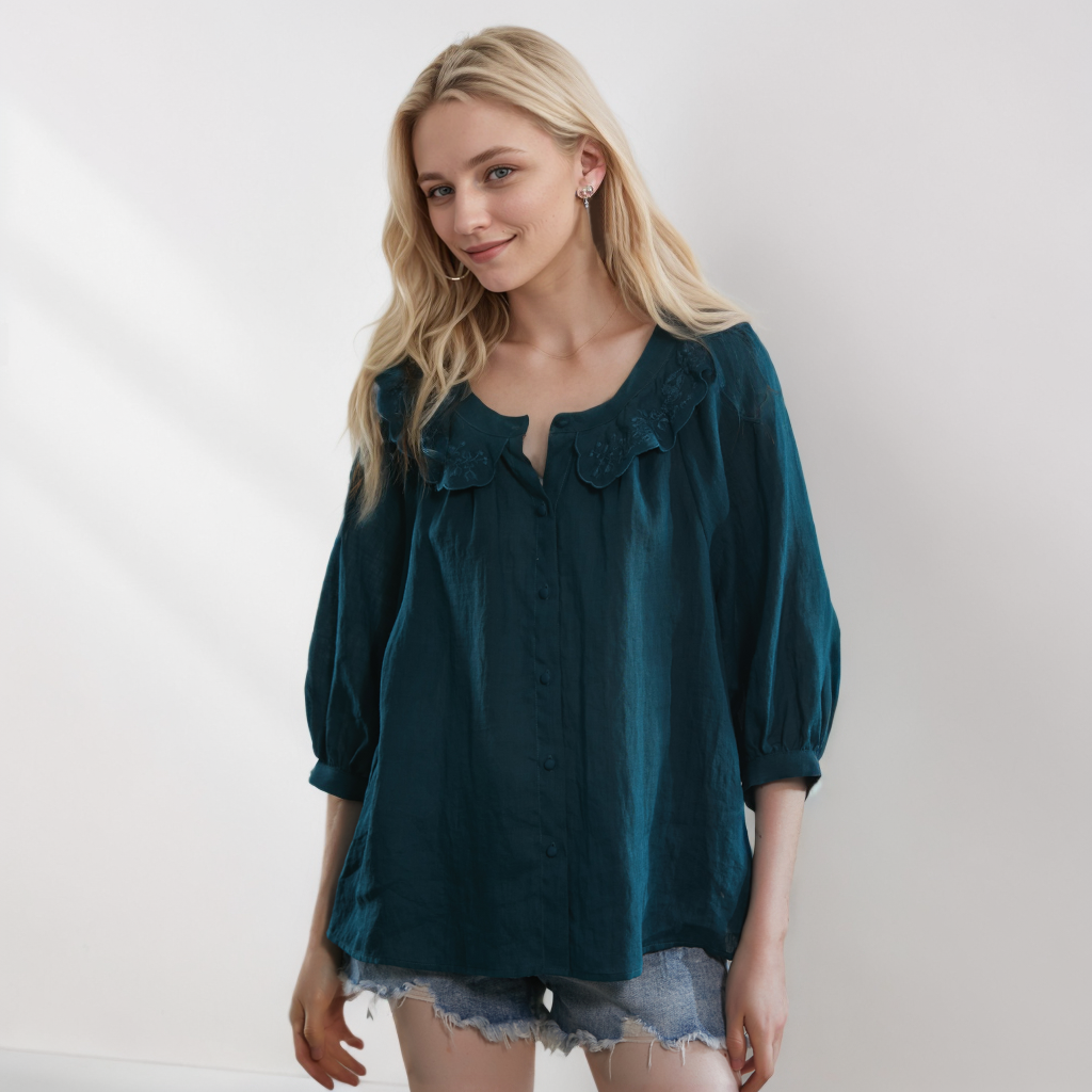 Ramie Women's Long Sleeve Shirt Embroidered Lace Doll Collar REAL SILK LIFE