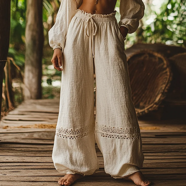 Bohemian Holiday Style Retro Linen Floral Ethnic Totem Print Casual Pants