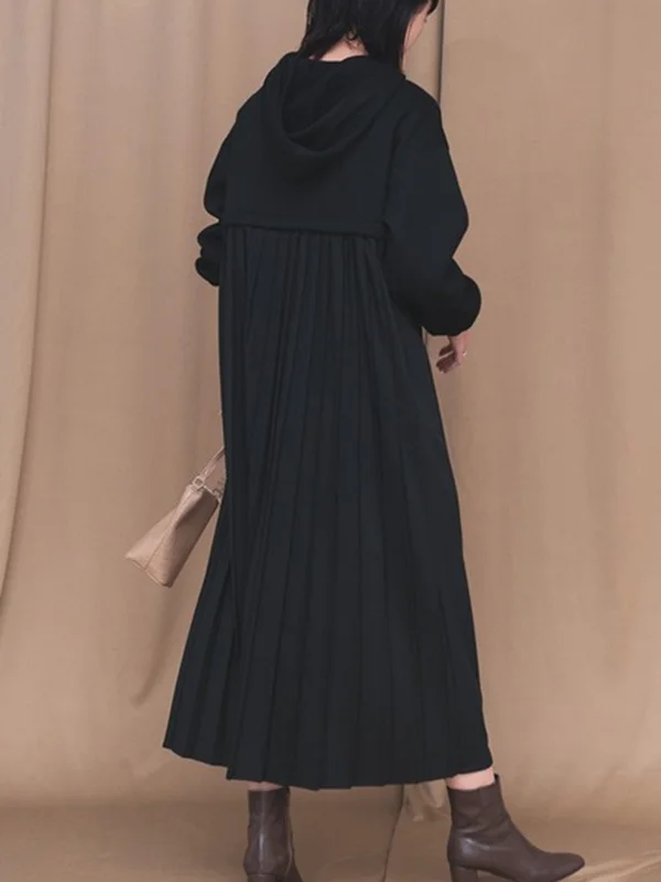 Simple Loose Split-Joint Hooded Long Sleeves Midi Dress