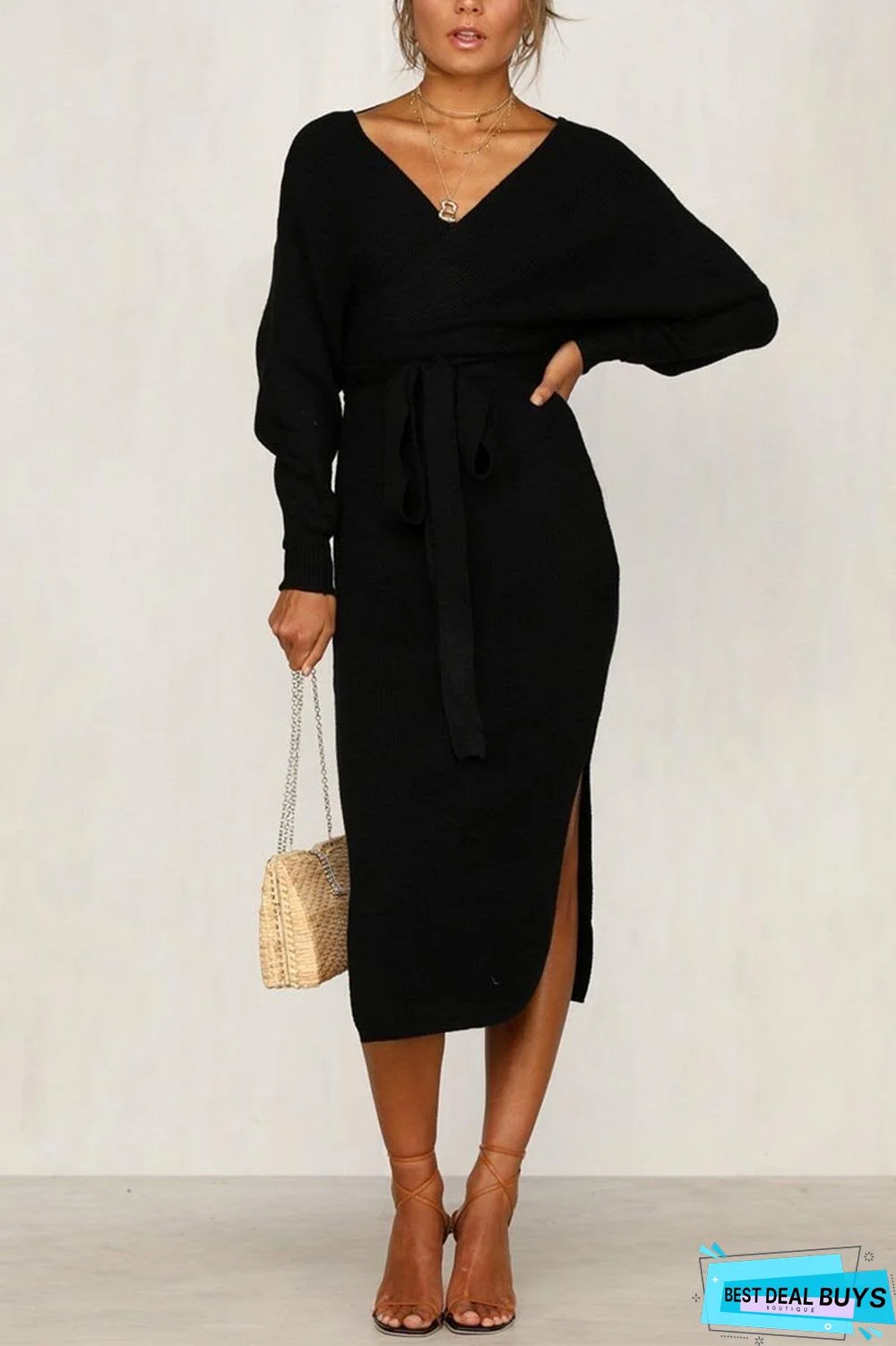 V Neck Backless Sweater Midi Dress(5 Colors)