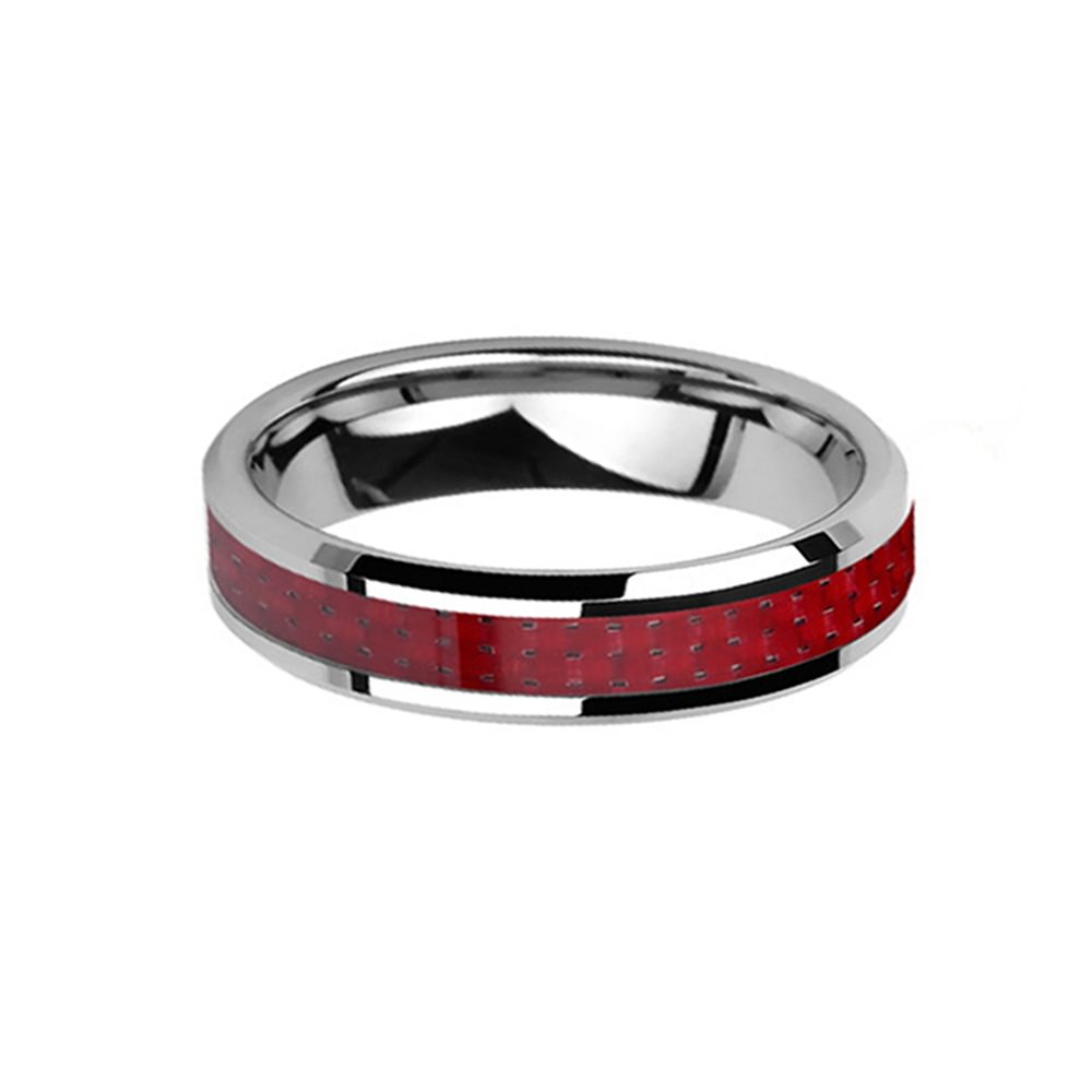 6MM Silver Bevel Edge Red Carbon Fiber Inlay Women Tungsten Carbide Rings