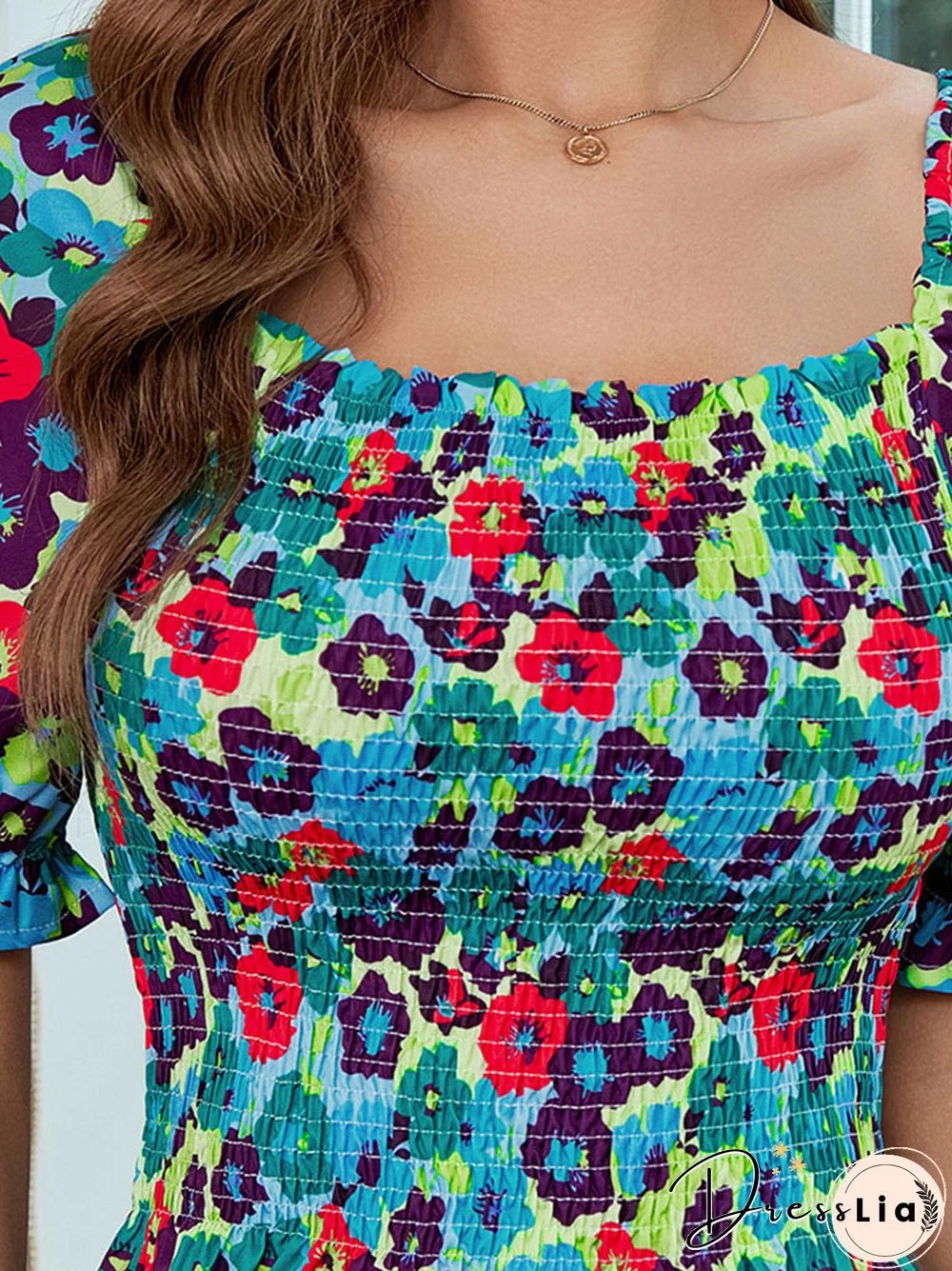 Women's Elegant Bodycon Blouses Top Summer Casual Print Square Neck Gathered Short Sleeve Floral Short Shirts Women Blouses