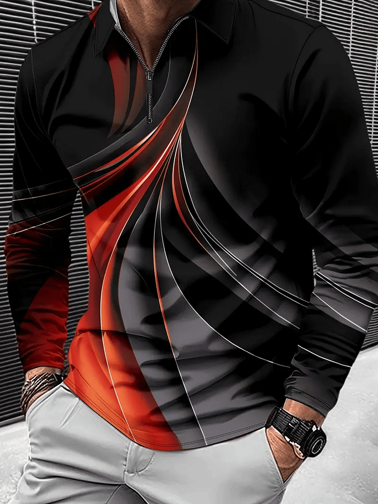 Men's Striped Luxe Zipper Neck Long Sleeve Polo Shirt