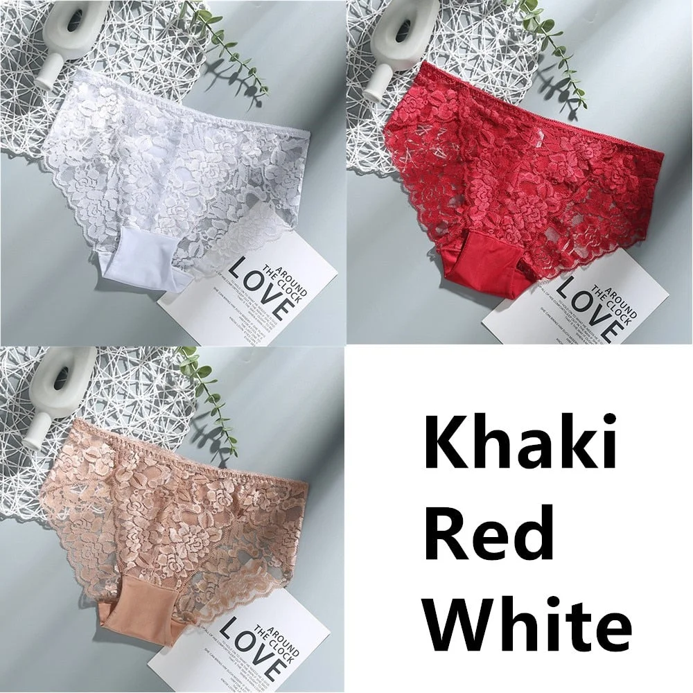 3Pcs Sexy Low Waist Women's Underwear Lace Plus Size Seamless Panties Breathable Lingerie Female Briefs Solid Hollow Underpants