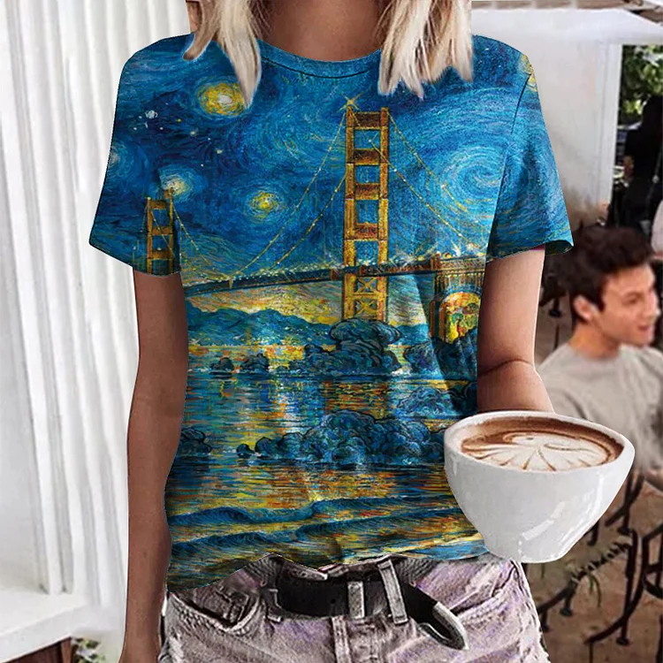 Vefave Oil Painting Print Crew Neck T-Shirt