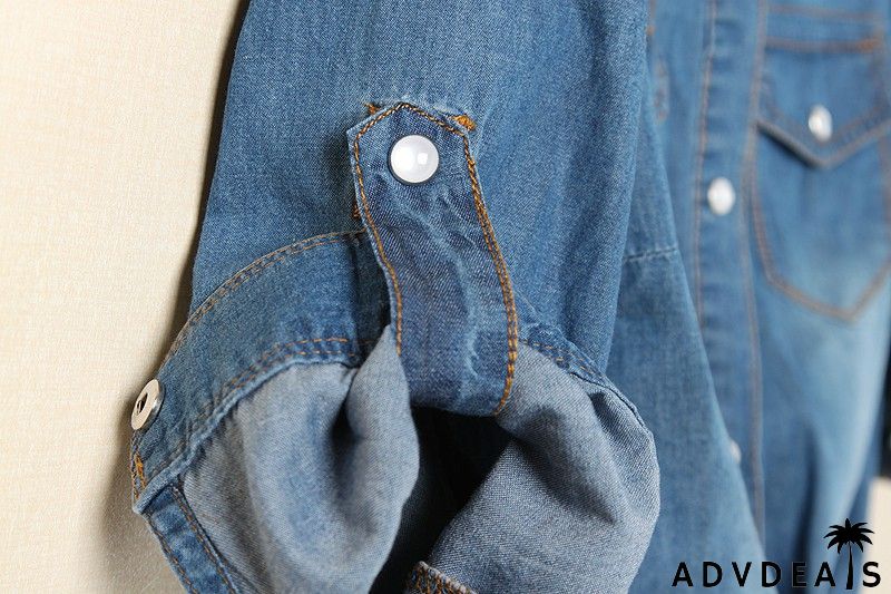 Puff Sleeve Bow Neck Denim Shirt