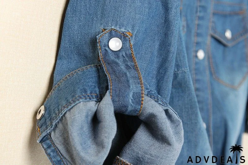 Puff Sleeve Bow Neck Denim Shirt