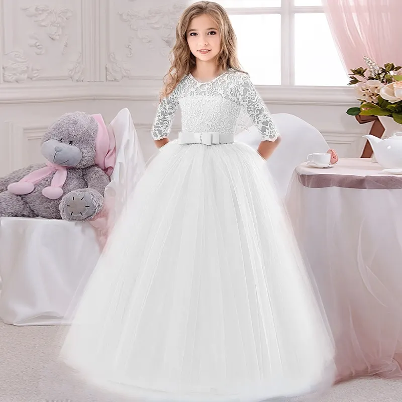 Uveng Girls White Pink Long Bridesmaid Dress Baby Kids Gown Clothes Children Princess Party Wedding Evening 10 12 13 Y Vestidos