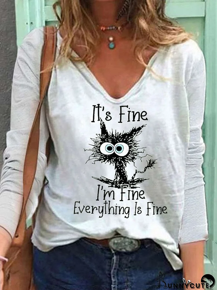 Women's It's Fine I'm Fine Everything Is Fine Print V-Neck Long Sleeve T-Shirt