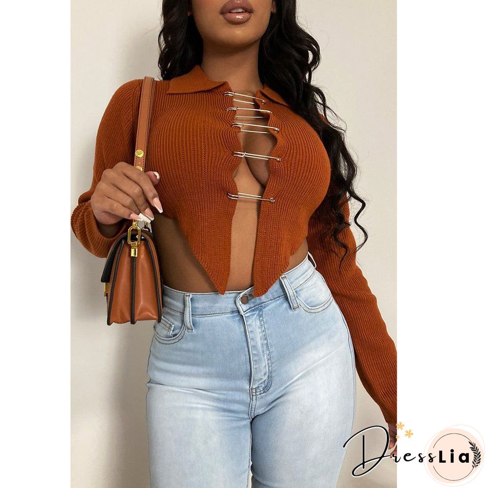 Ribbed Knitted Long Sleeve Pin Up Cardigan Crop Tops