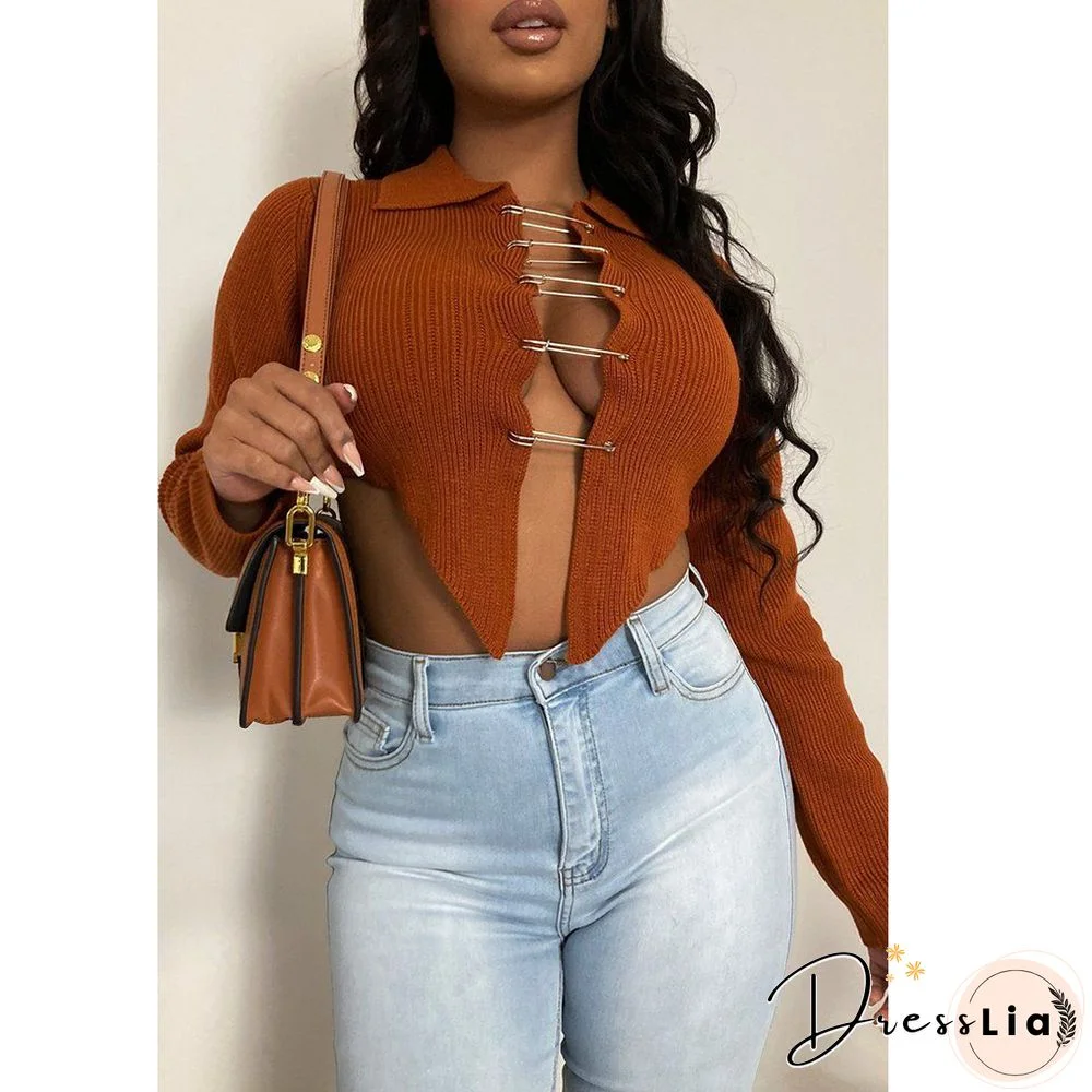 Ribbed Knitted Long Sleeve Pin Up Cardigan Crop Tops