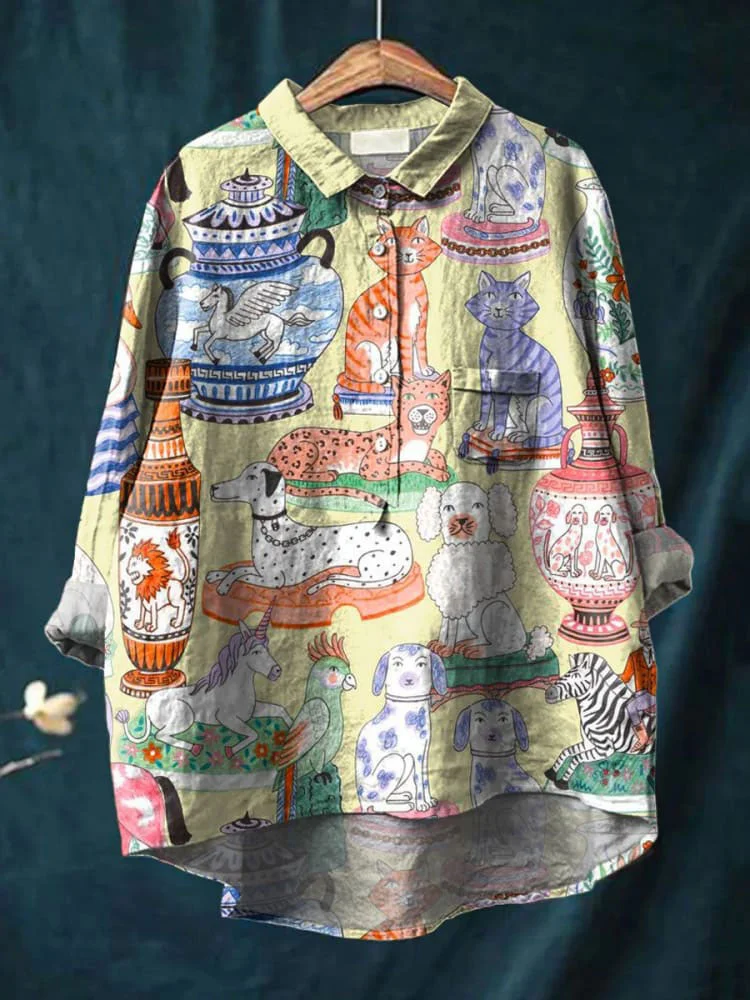 Vintage Lovely Animals Art Print Casual Cotton And Linen Shirt