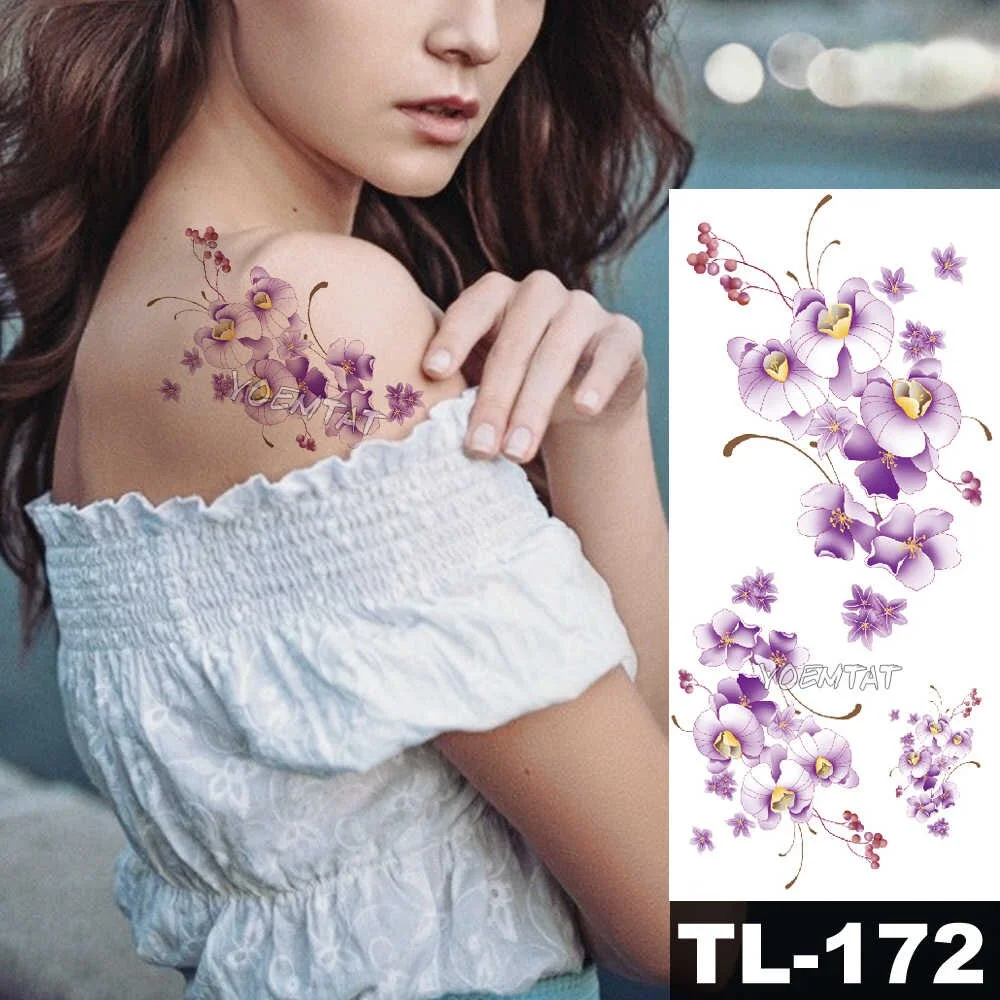 Waterproof Temporary Tattoo Sticker Purple Cherry Blossom Plum Flower Tatoo Birds Feather Water Transfer Fake Flash Tatto