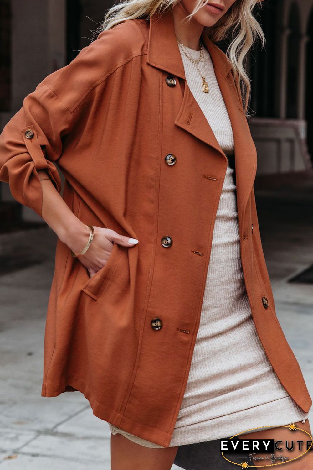 Lapel Collar Pocketed Buttoned Trench Coat