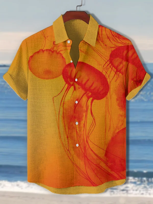 Men's Orange Jellyfish Art Print Short Sleeve Shirt