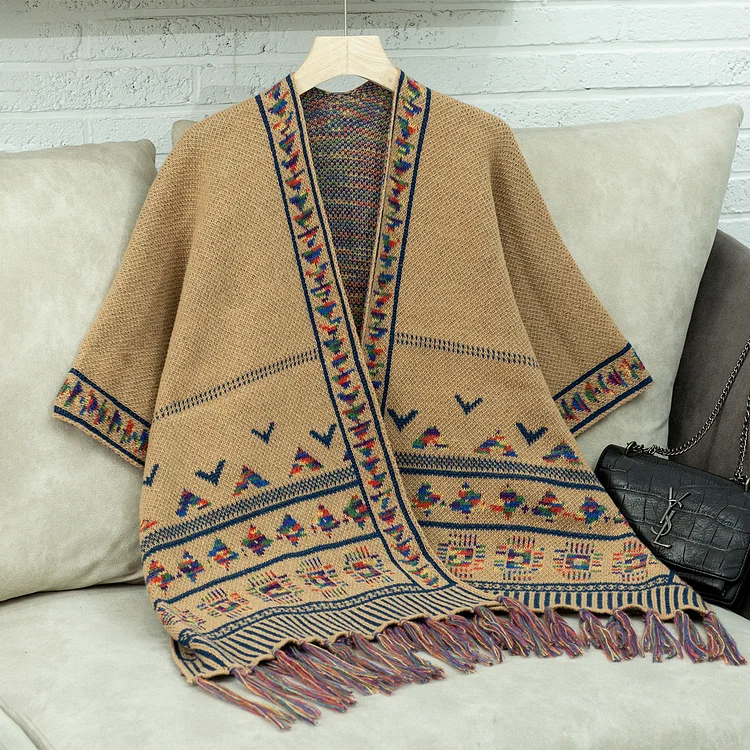 Women's Tassel Shawl Poncho Geometric Jacquard Ethnic Style Poncho