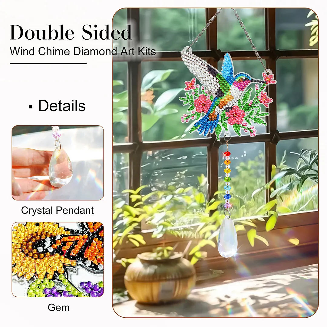 2Pcs Garden Hummingbird DIY Double-Sided Diamond Painting Hanging Kits Diamond Painting Suncatcher Craft Kit for Home Garden Wall Decor Gift