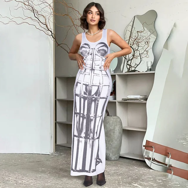 Sexy Graffiti Print Dress Women Casual Stretch Summer Trend Hipster Maxi Bodycon Streetwear Vintage Skinny Vestidos