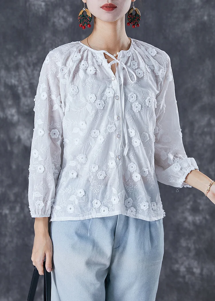 Elegant White Embroideried Floral Lace Up Cotton Tops Fall