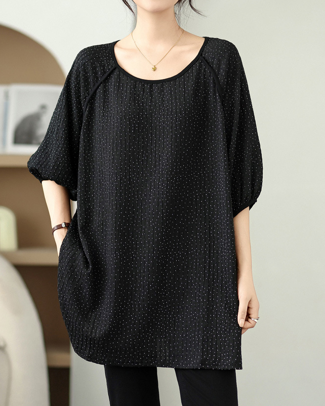 Polka Dot Round Neck Black Piping Three Quarter Sleeve Top