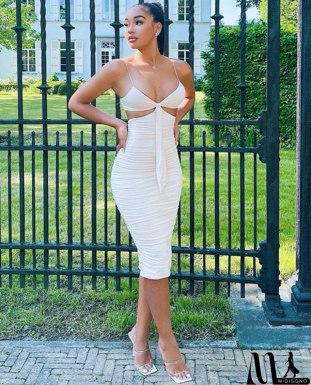 MidiSono - Summer Sexy White Knotted Strap Ruched Midi Dress