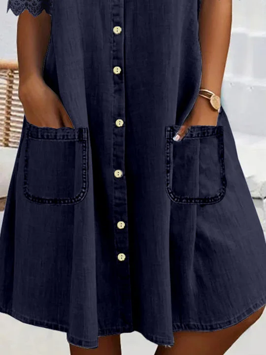 Women Short Sleeve Shirt Collar Solid Button Pockets Lace Denim Midi Dress