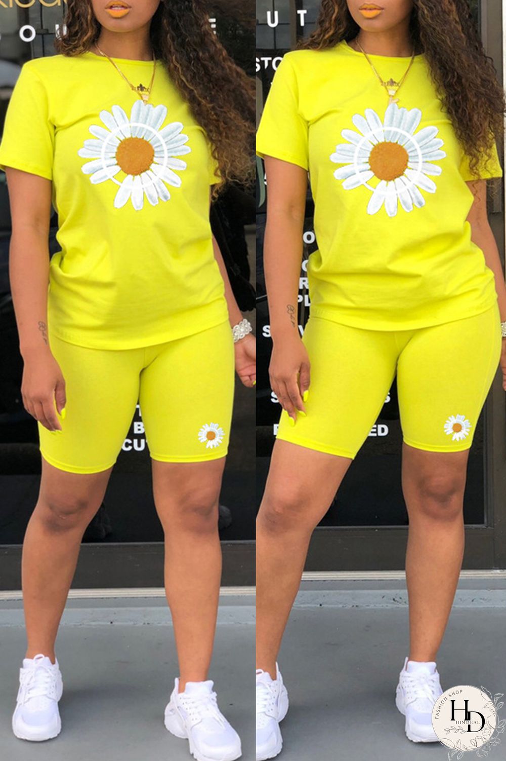 Black Fashion Casual Print Basic O Neck Short Sleeve Two Pieces