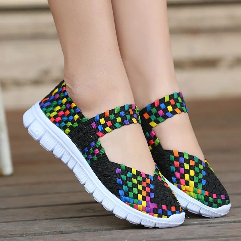 WHNB Women's Loafers Casual Shoes 2021 Spring Comfortable Sneakers Woven Breathable Flat Shoes Outdoor Hook&Loop Slip